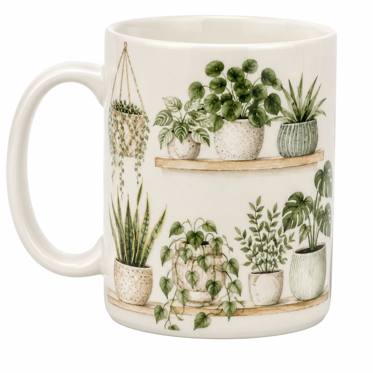 Keramiktasse mit Pflanzenmotiv 300 ml Weiß/Grün