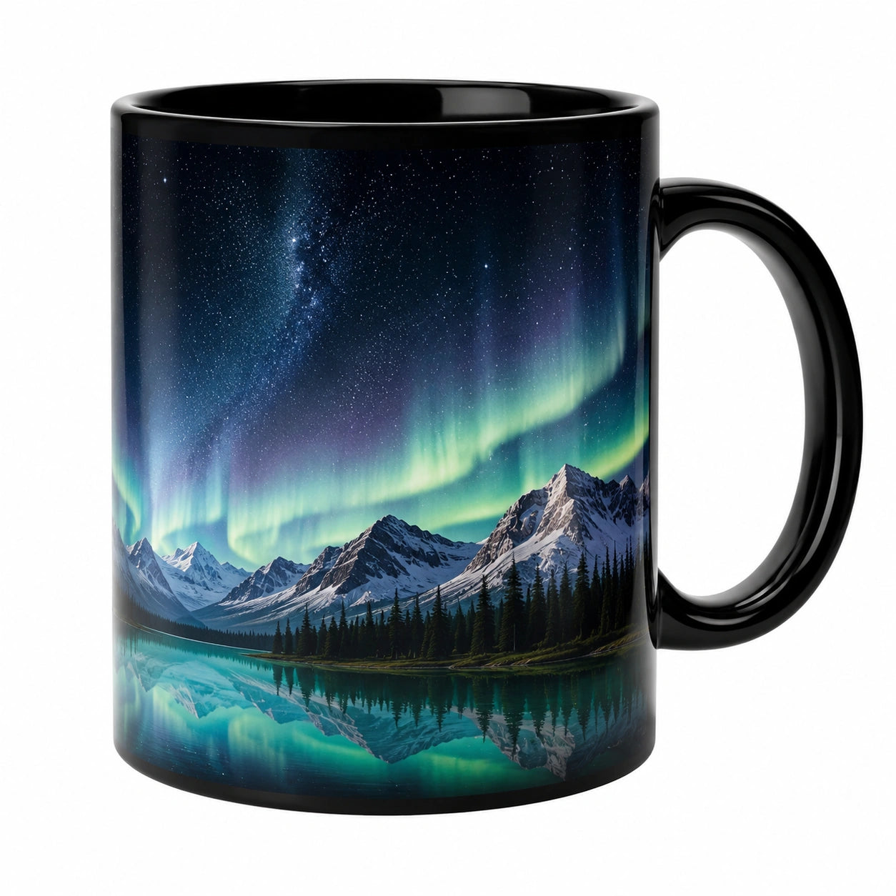 Schwarze Keramiktasse mit Polarlichter-Design, 350ml