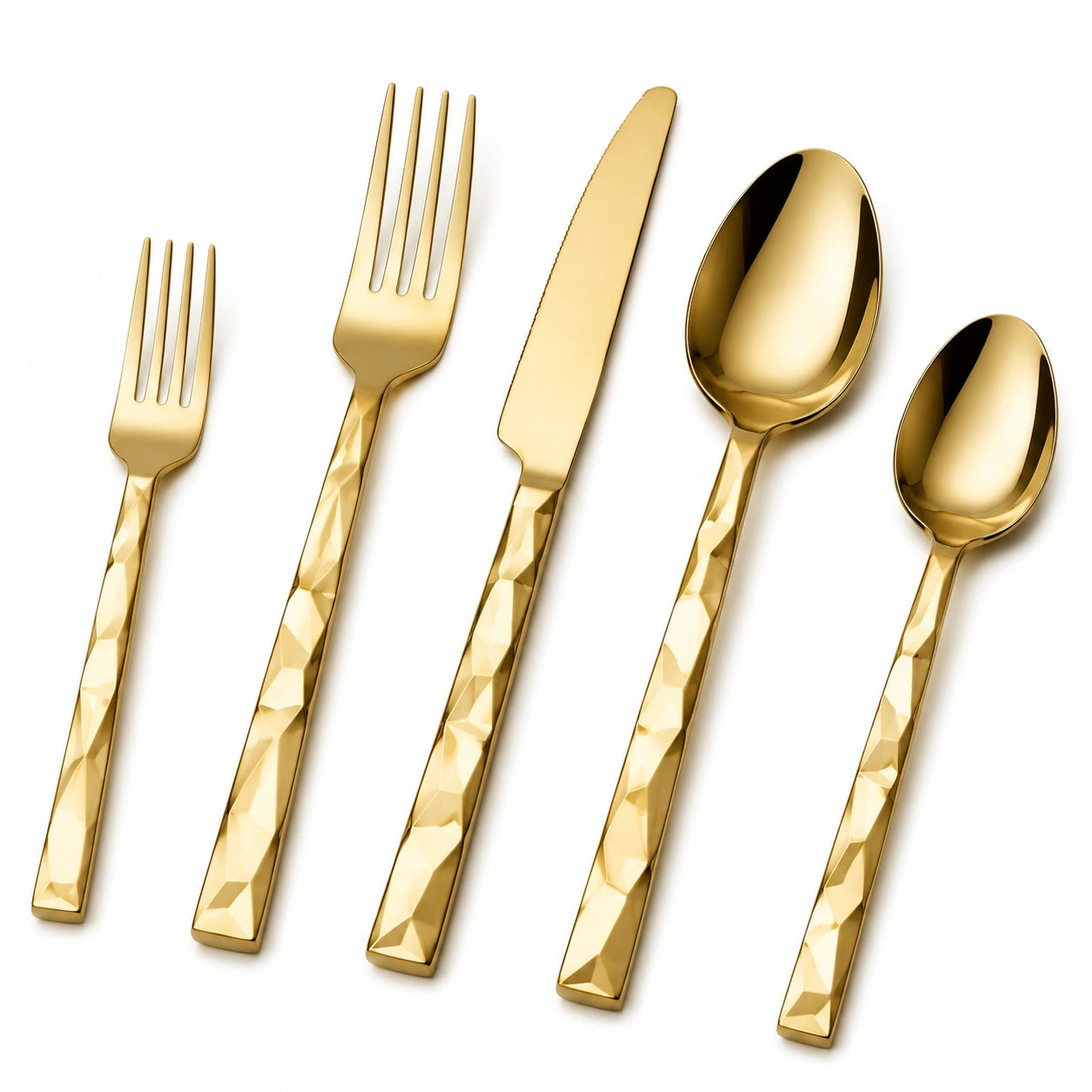 5-teiliges Besteckset in Gold mit gehämmerter Oberfläche