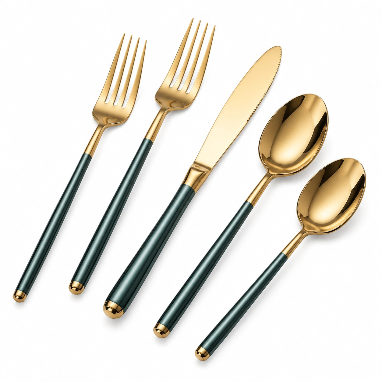 Elegantes 5-teiliges Besteckset in Gold und Grün