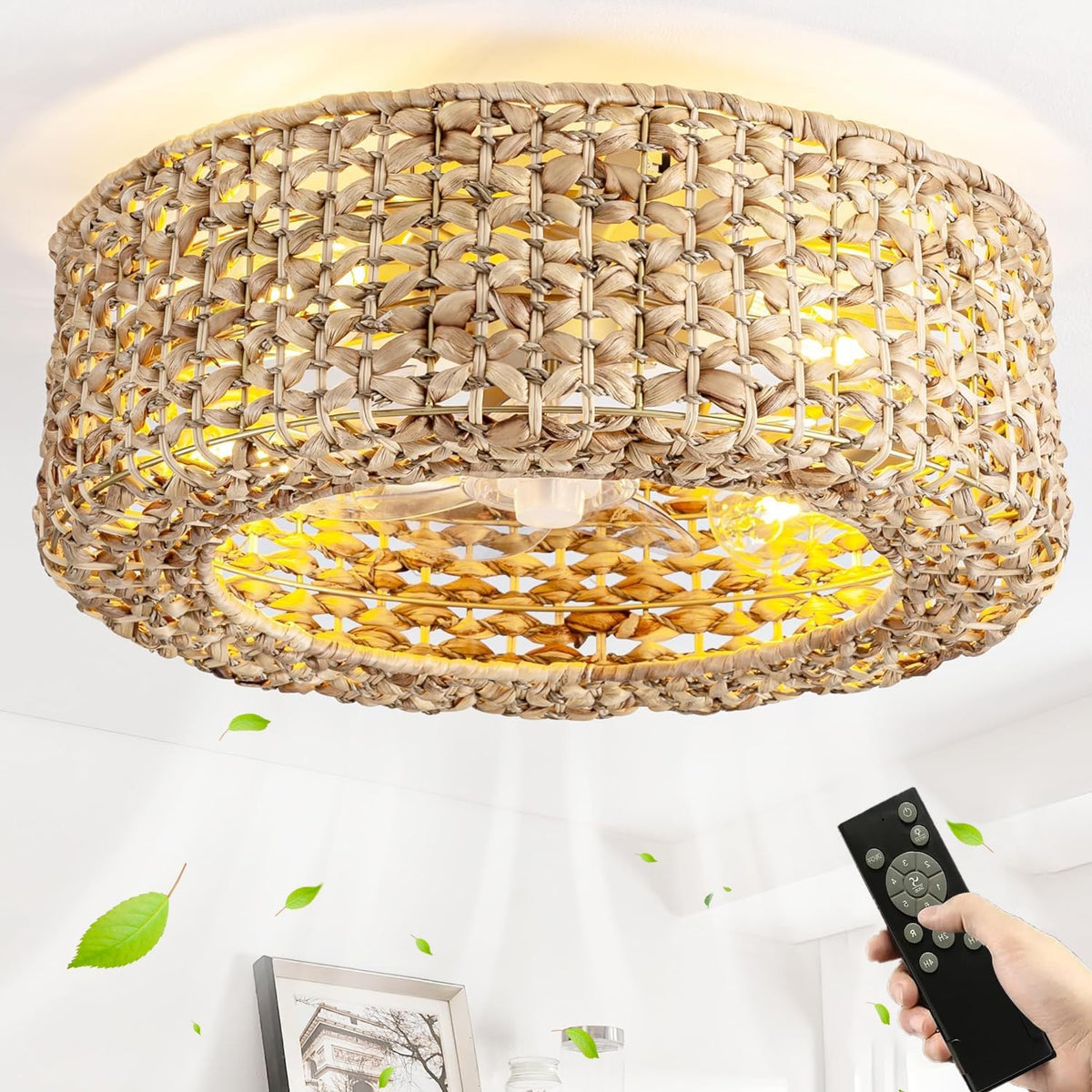 HUYOY Boho Rattan Deckenventilator mit Beleuchtung, Fernbedienung, Timer, für Wohnzimmer Esszimmer Farmhouse, licht, Beige