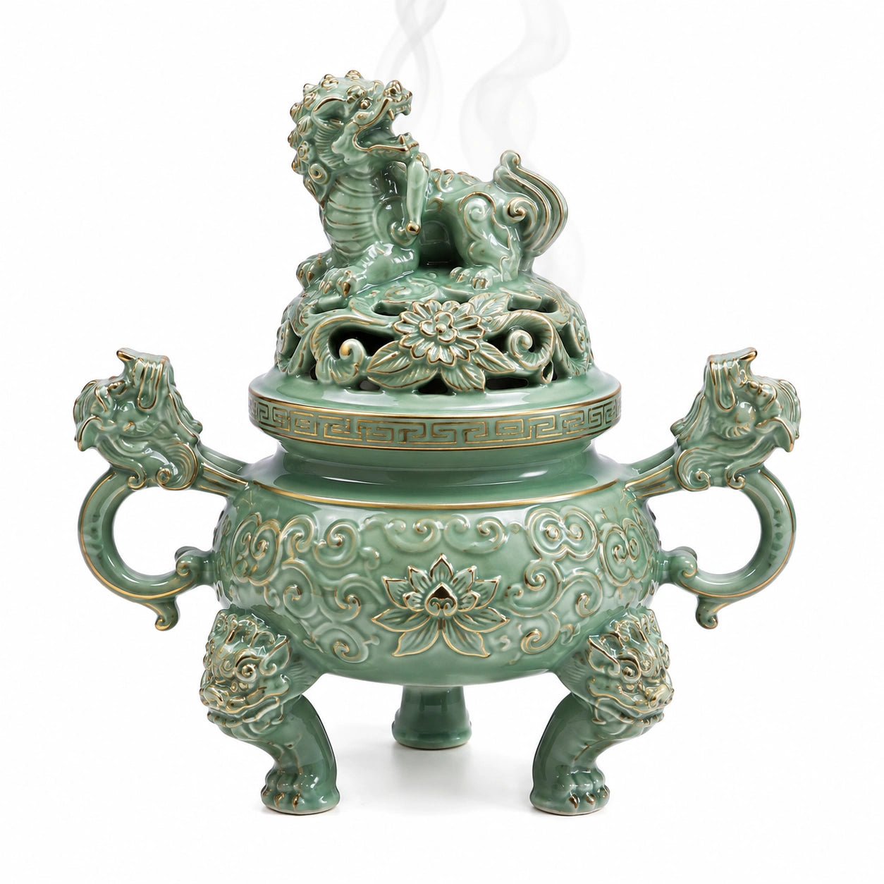 Traditioneller Chinesischer Keramik-Räuchergefäß mit Drachen und Blumenmotiv, Grün