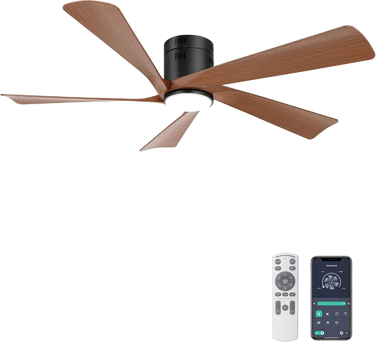 Ohniyou Deckenventilator mit Beleuchtung, 5-Blatt-Deckenventilator, Minimalistisch, Schlafzimmer, 30 dB, 2 Stunden, APP, LED