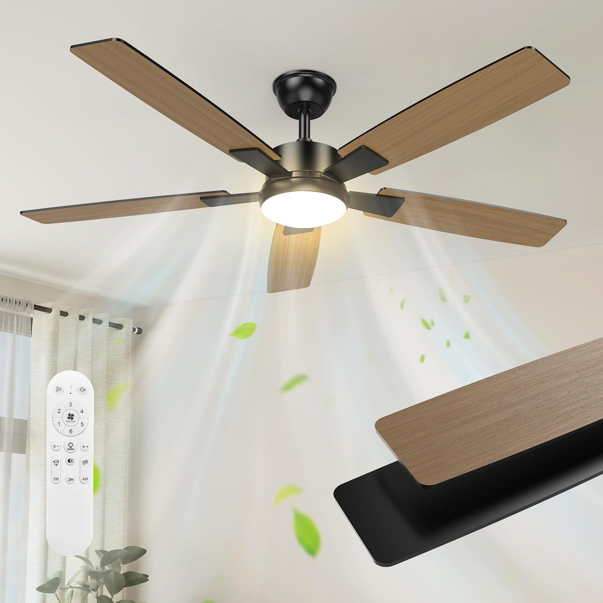 Mefine Farben Umdrehbare Flügel Deckenventilator mit Beleuchtung, 132 cm Große Deckenventilator mit Licht und Fernbedienung, 25 dB, Holz/Schwarz