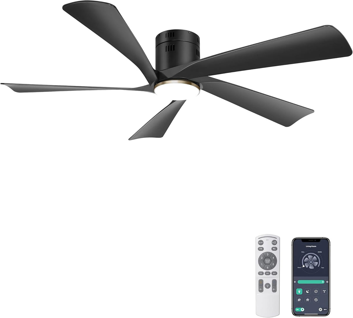 Ohniyou 132 cm (52 Zoll) Deckenventilator mit Beleuchtung, 5-Blatt-Deckenventilator, Minimalistisch, Schlafzimmer, 30 dB, 2 Stunden, 152 cm, APP, LED