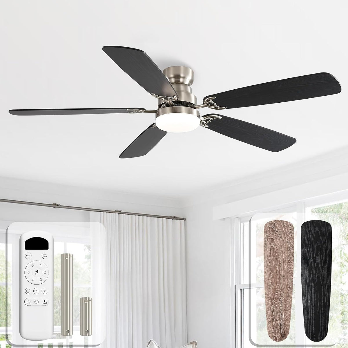 Sofucor Deckenventilator mit Beleuchtung und Fernbedienung, Deckenleuchte, 52 Zoll, 132 cm, 12,5 cm, 25 cm, 30 dB, 6.1m, Schwarz