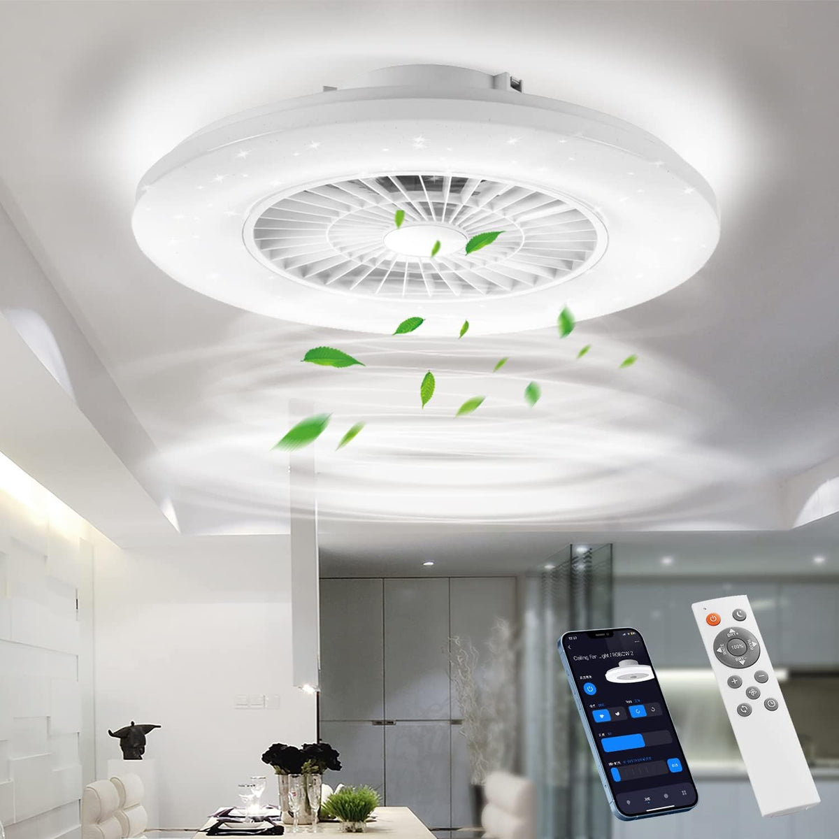 BKZO moderne Smart-LED-Deckenleuchte Ventilator Deckenventilator mit Beleuchtung, 5500 K, 60 CM, 20 W, Fernbedienung, App-Steuerung, dimmbares Licht