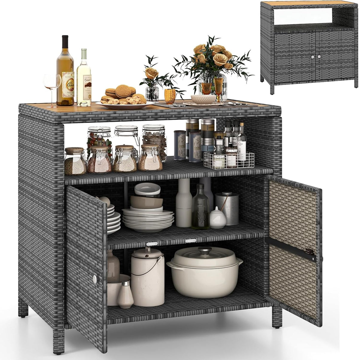 GYMAX Gartenschrank Rattan, 2-Türen-Schrank, Tisch, 45 kg, 86 cm