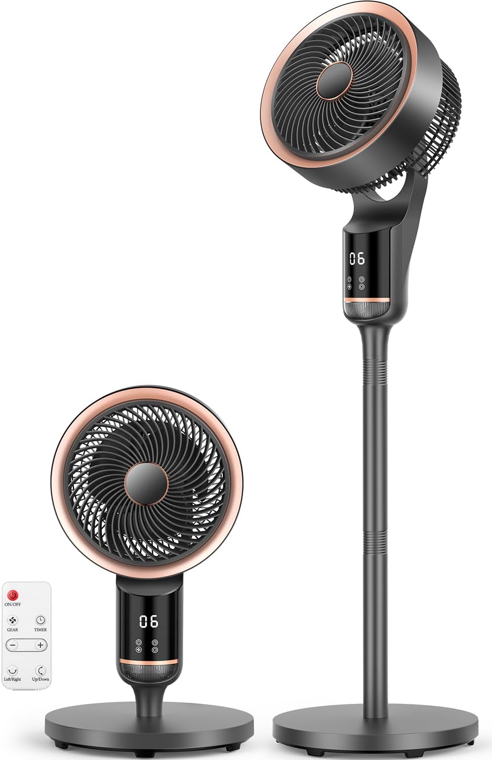 Namouk Namuk Standventilator, 12H Timer, 70°+90° Oszillation, 12 Geschwindigkeiten, 25 dB Ventilator leise, Fernbedienung, Schwarz/Roségold