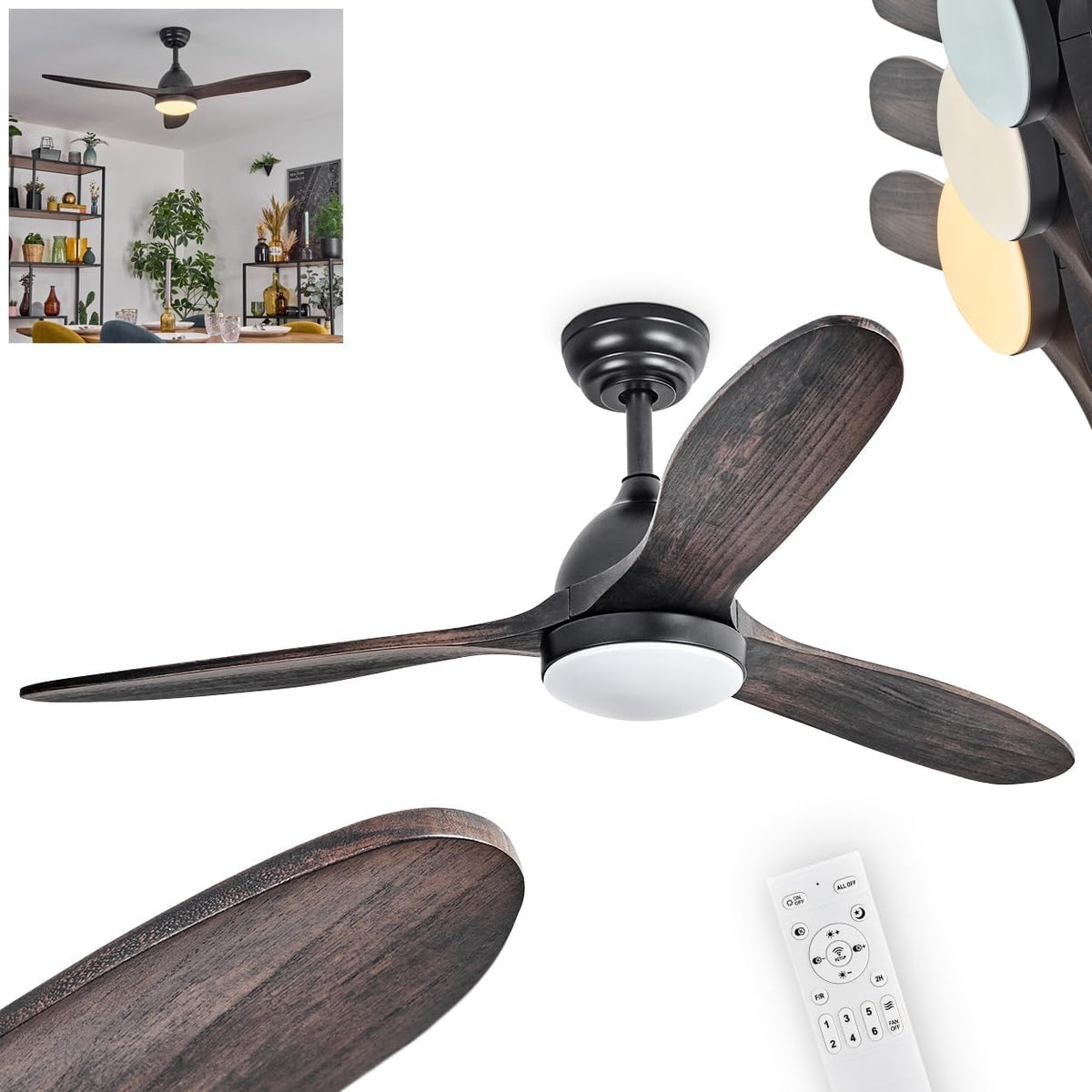 HOFSTEIN LED Deckenventilator Mosstena Deckenventilator mit Beleuchtung, 6 Stufen, Fernbedienung, Timer, Schlafzimmer, Vor- und Rücklauf