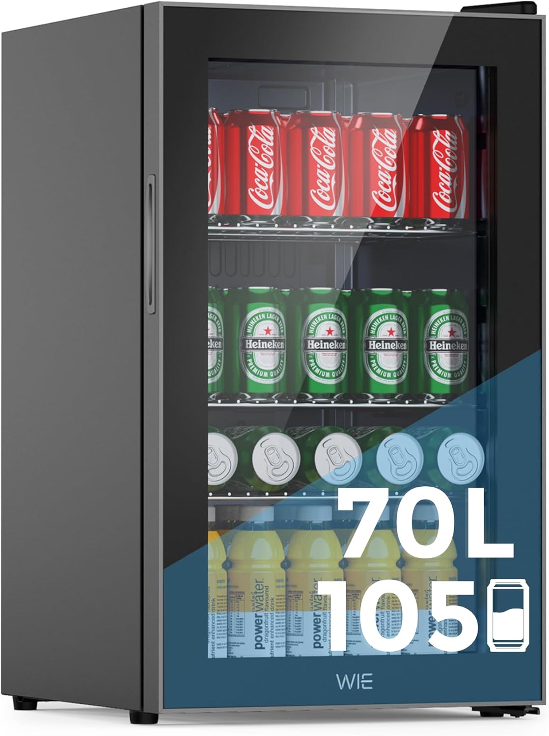 WIE Mini Kühlschrank Getränkekühlschrank, Bierkühlschrank, 43 dB, 86 l, Glastür, Verstellbare Regale, Geräuschlos