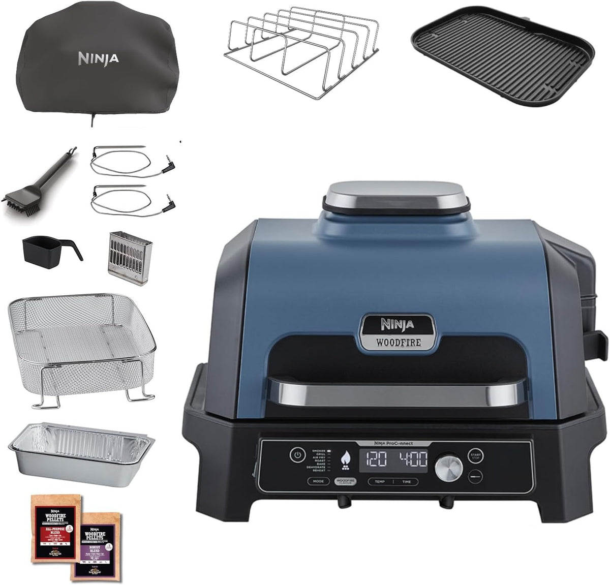 Ninja Woodfire Pro Connect XL Elektrischer BBQ Smoker Grill, Heißluftfritteuse, Camping, 3 kg, 41 cm, 57 cm, 51 cm, 18 kg, Schwarz