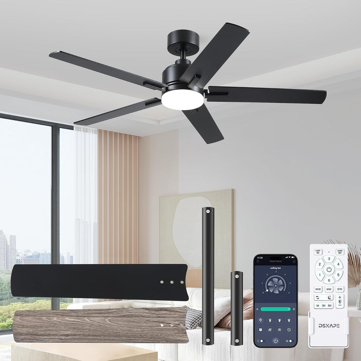 DSNAPE Deckenventilator mit Beleuchtung 132 cm, 5 Flügelblatt, 132 cm, Ventilator Lampe, 30 dB, Ventilator Lampe mit Fernbedienung und APP