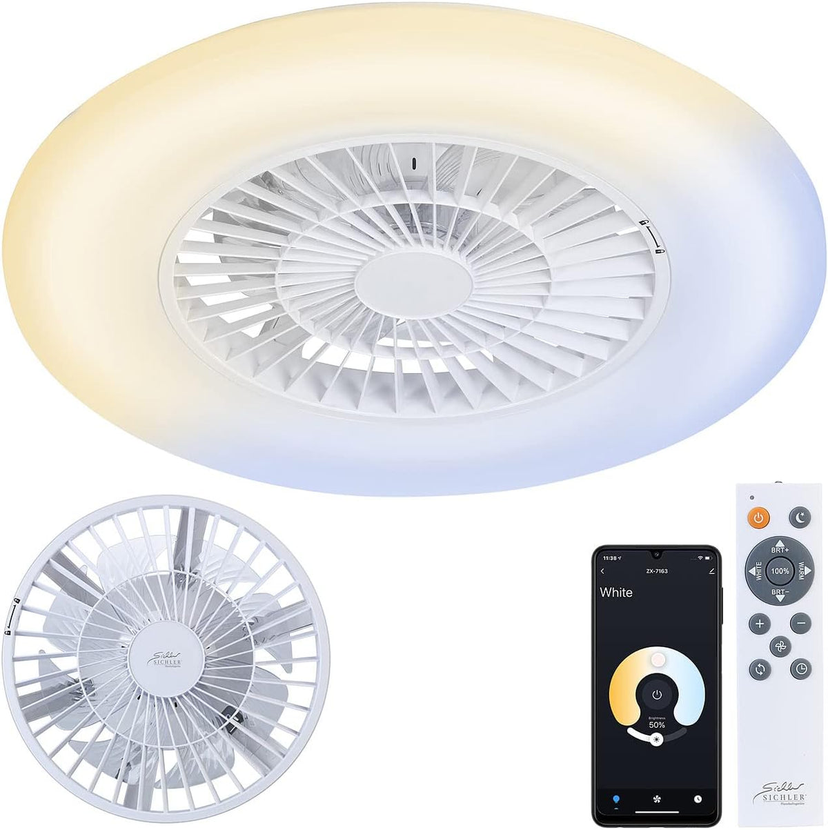 Sichler Haushaltsgeräte Deckenventilator WLAN: 2in1-WLAN-Deckenleuchte & Ventilator, Deckenleuchten-Ventilator, Turmventilator, 2,5 m, 59,8 dB, App