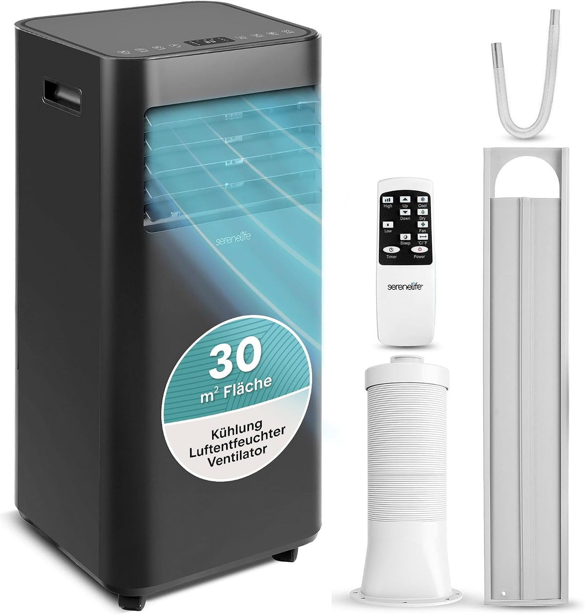 SereneLife Schwarz Mobiles Klimagerät 9000 BTU 2,64 kW für 28 m2, Klimaanlage, Ventilator, Für Zuhause, Büro, 54 dB