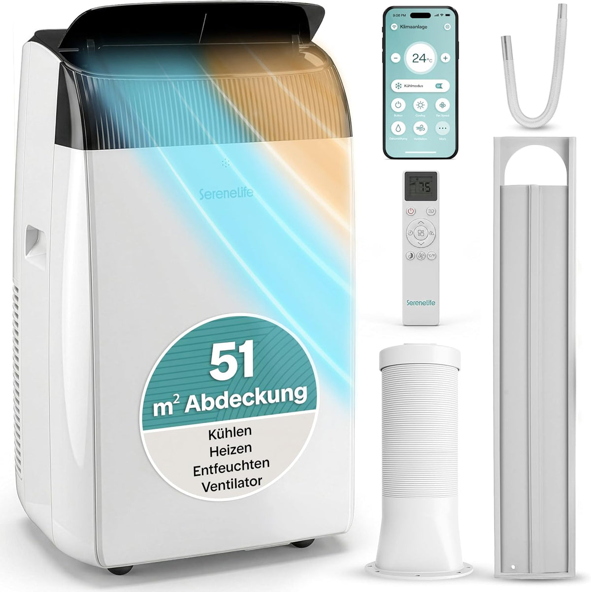 SereneLife klimagerät Mobil- mit Abluftschlauch, Klimaanlage, Ventilator, Für Zuhause, Büro, 3,52 kW, 48–51 dB, 24 Stunden, 68,8 cm, 1,23 kW, WLAN
