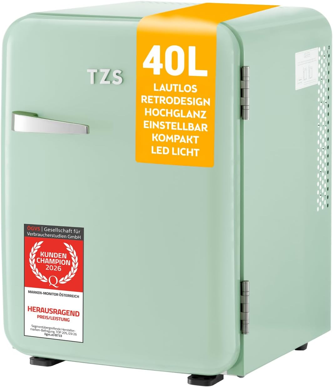 TZS First Austria - Retro Mini Kühlschrank, Schlafzimmer, 22 dB, LED, OHNE KOMPRESSOR