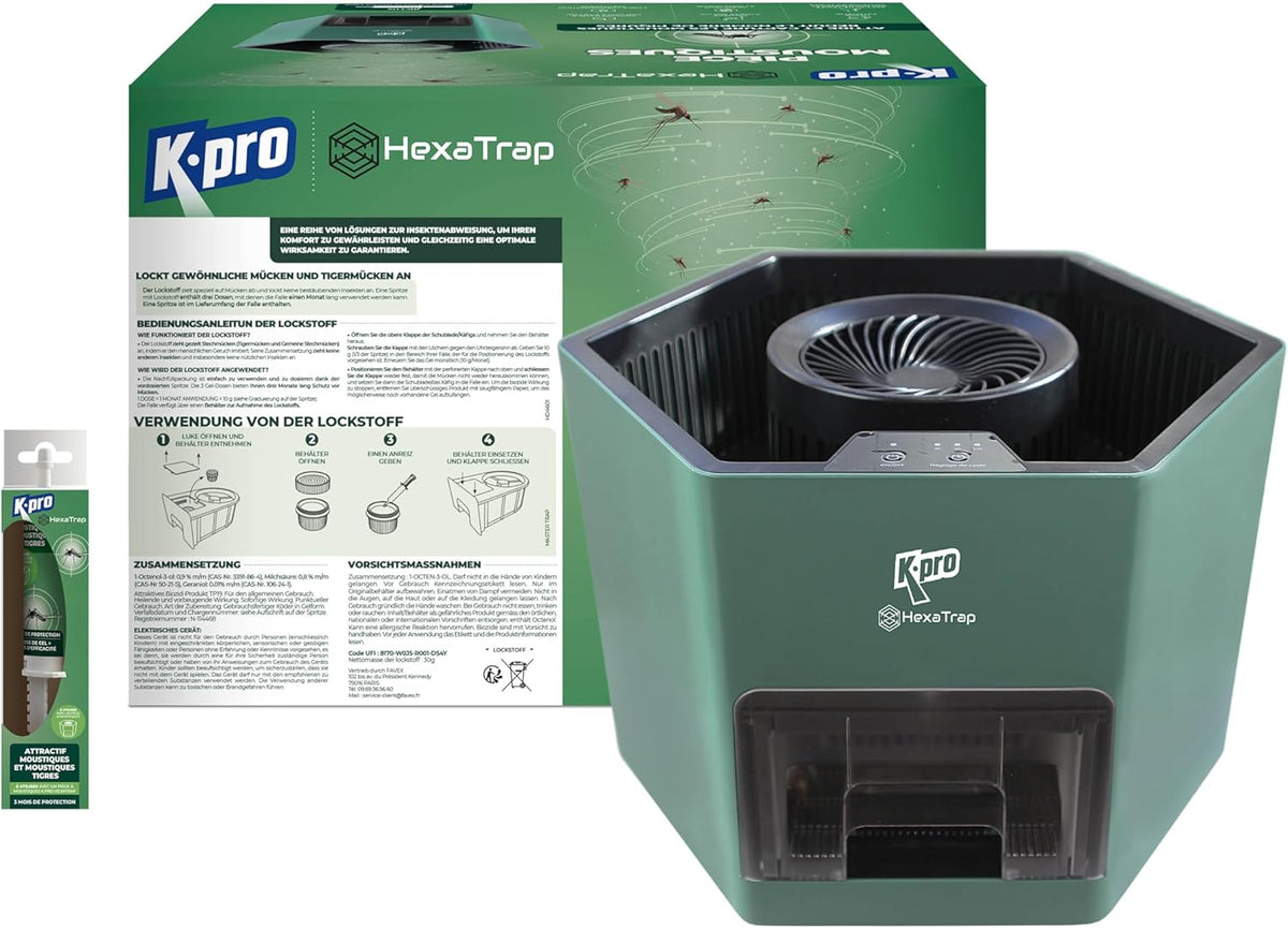 K.PRO Elektrische Mückenfalle + 1 Lockstoff-Spritze - Mücken und Tigermücken - Lockt, Terrasse, 10 g, Geräuschlos