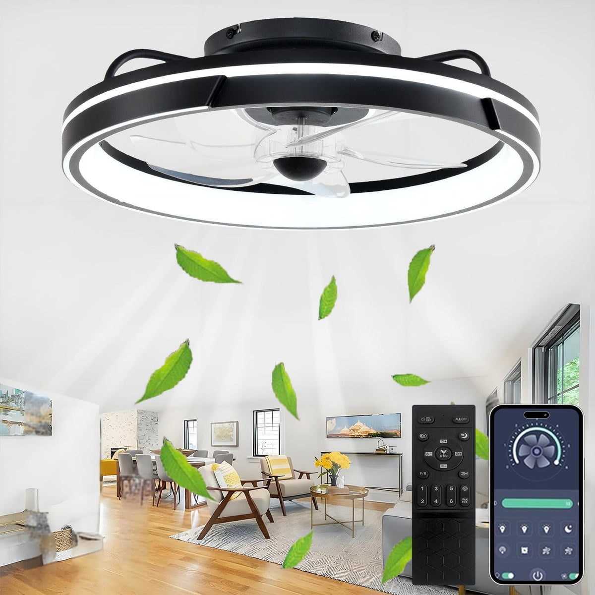 SXJCCSM LED Deckenventilator mit Beleuchtung, 64W APP Dimmbare Deckenleuchte mit Ventilator, Umkehrbare 6-Speed Lampe mit Ventilator, 5 Lüfterflügel