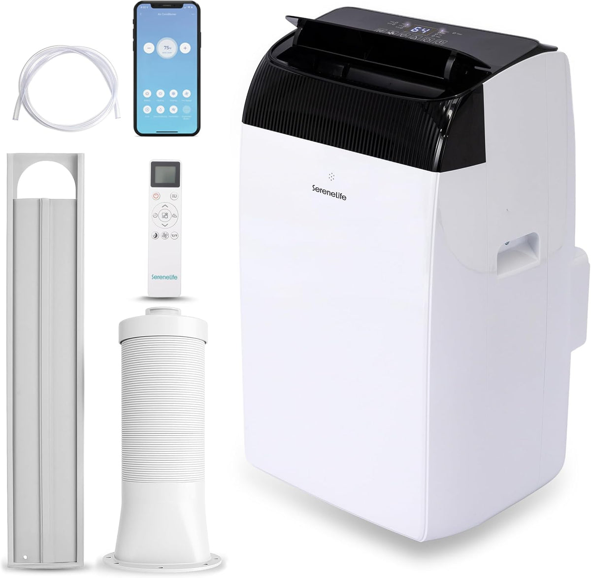 SereneLife Klimaanlage mit Abluftschlauch- Mobil, Ventilator, Für Zuhause, Büro, 4,10 kW, 23,7 l, 51–54 dB, 24 Stunden, 68,8 cm, App, LED