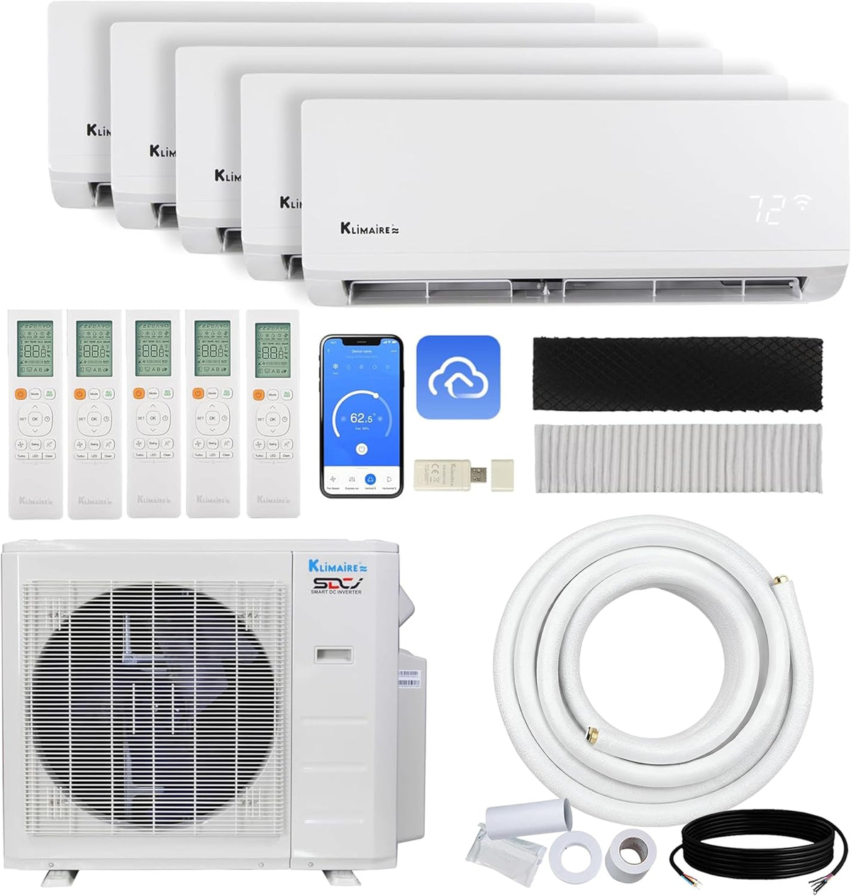 Klimaire 35,000 BTU 5-Zone 23.1 SEER2 Wall Mounted Mini Split Heat Pump System w/All, Outdoor, 208–230 V, 63 dB