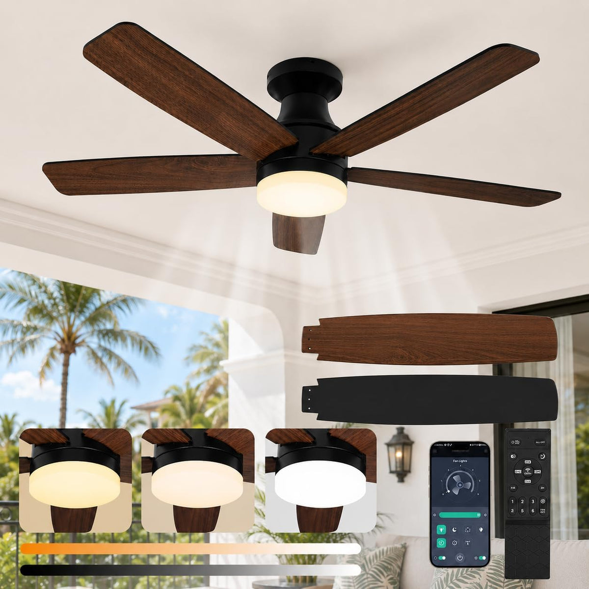 Rosnek Smarter Deckenventilator mit Beleuchtung, 30 dB Leiser DC Motor DeckenleuchteDimmbare LED, 3 Farbtemperaturen, 6 Stufen, 106 cm