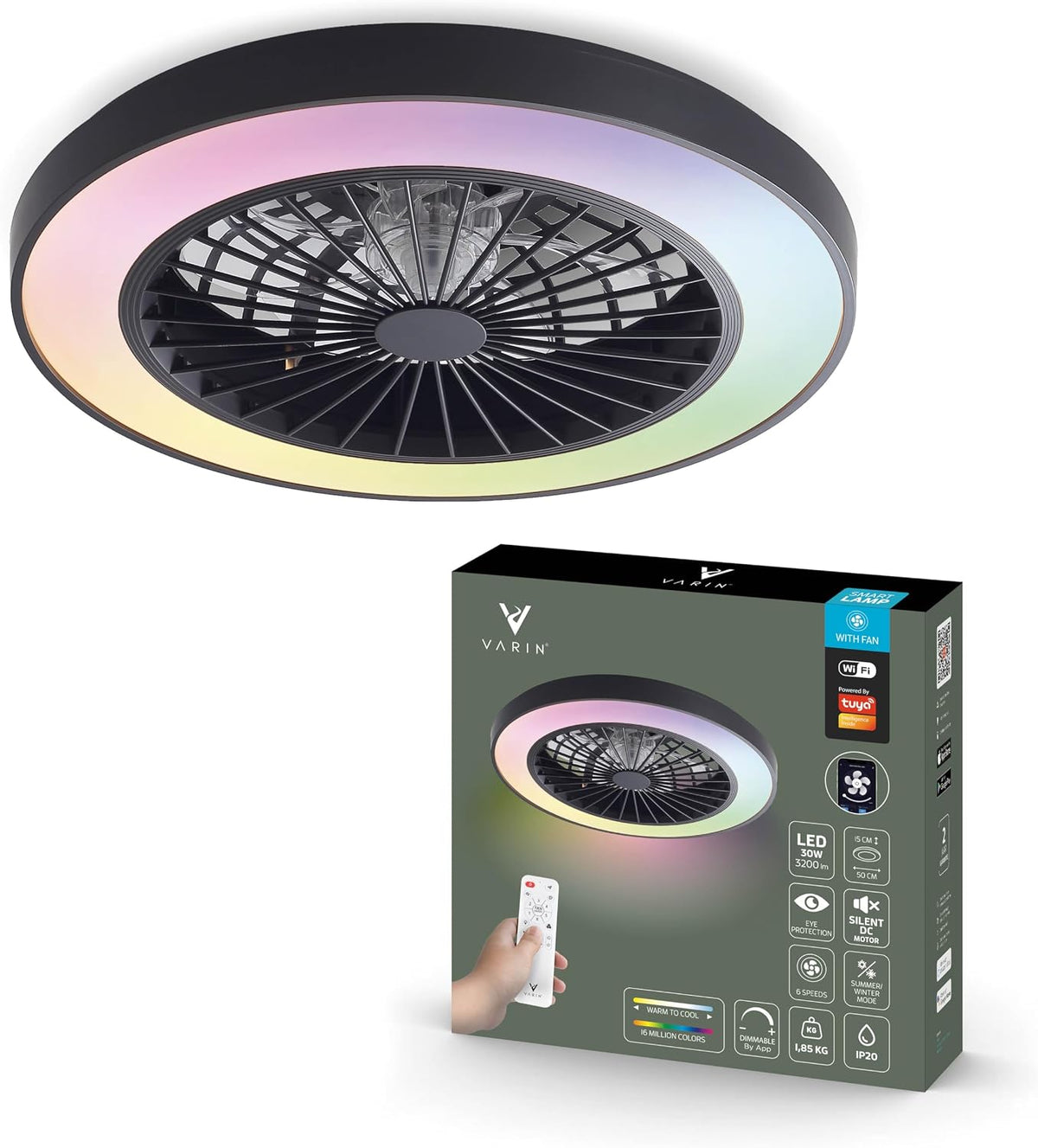 Varin Smart Deckenventilator mit Beleuchtung, Lampe, Deckenlampe, Schlafzimmer, 30–55 dB, App, LED, Weiß