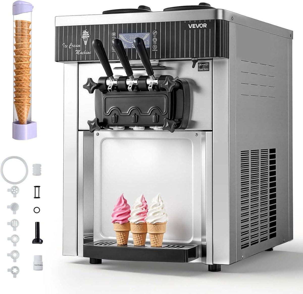 VEVOR Gewerbliche Eismaschine 20-28 l/h Leistung, Tisch, 12 °C, 13–17 Minuten, 3–5 Minuten, Selbstreinigung, LED, Edelstahl