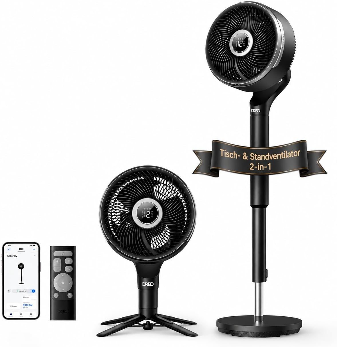 DREO Smart-Ventilator fürs Schlafzimmer, Tischventilator, Standventilator, 36,6 m, 8,8 m, 20 dB