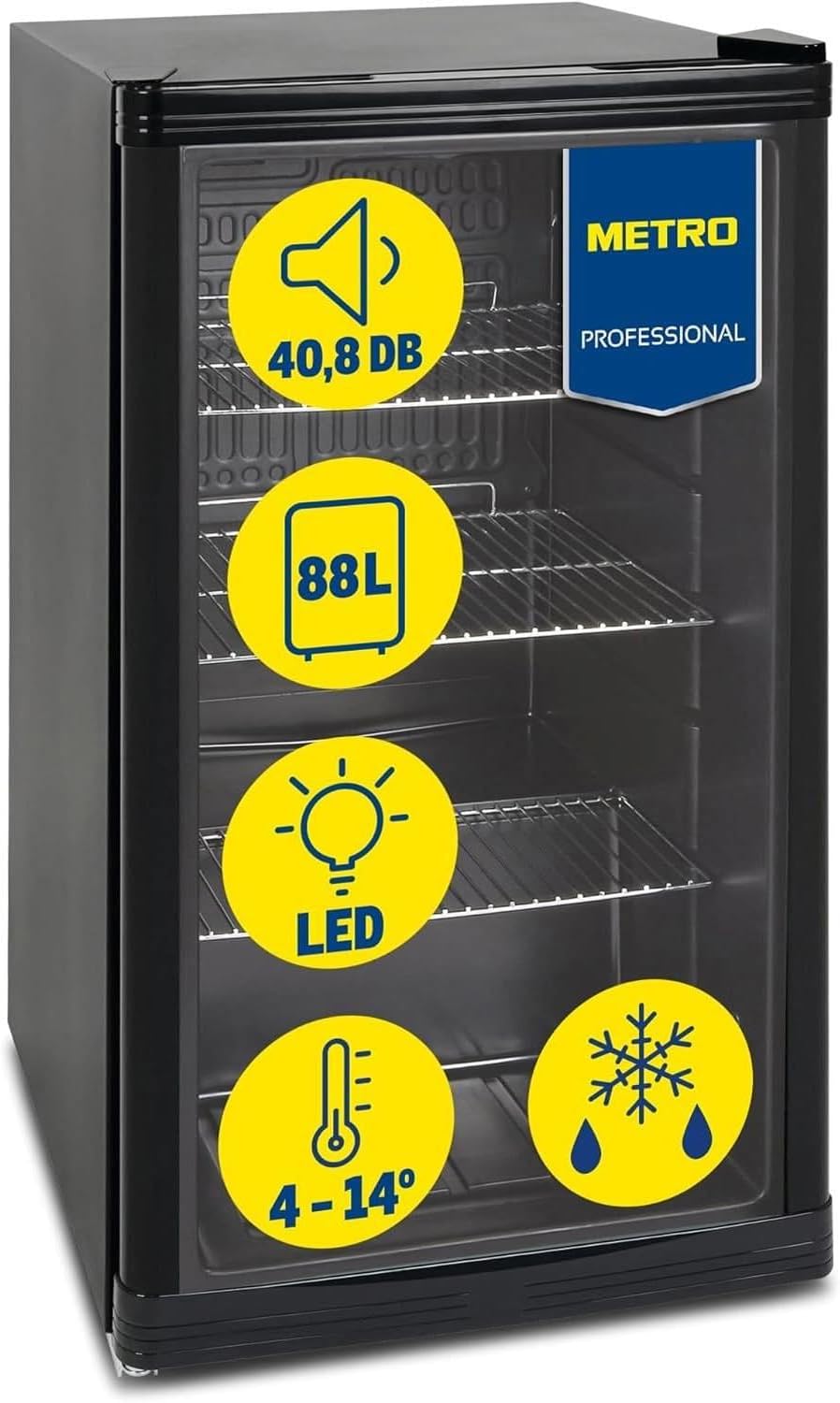 METRO Professional Mini-Kühlschrank GPC1088,88 l, 4 °C, 18 °C, 0.33 l, 0.5 l, 8 kg, LED, Glastür, Edelstahl