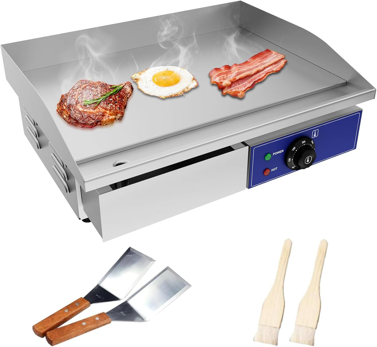 TAIMIKO Elektrische Grillplatte, Heizung, 355 mm, 8 mm, 3000 W, 300 °C, Thermostat, Edelstahl