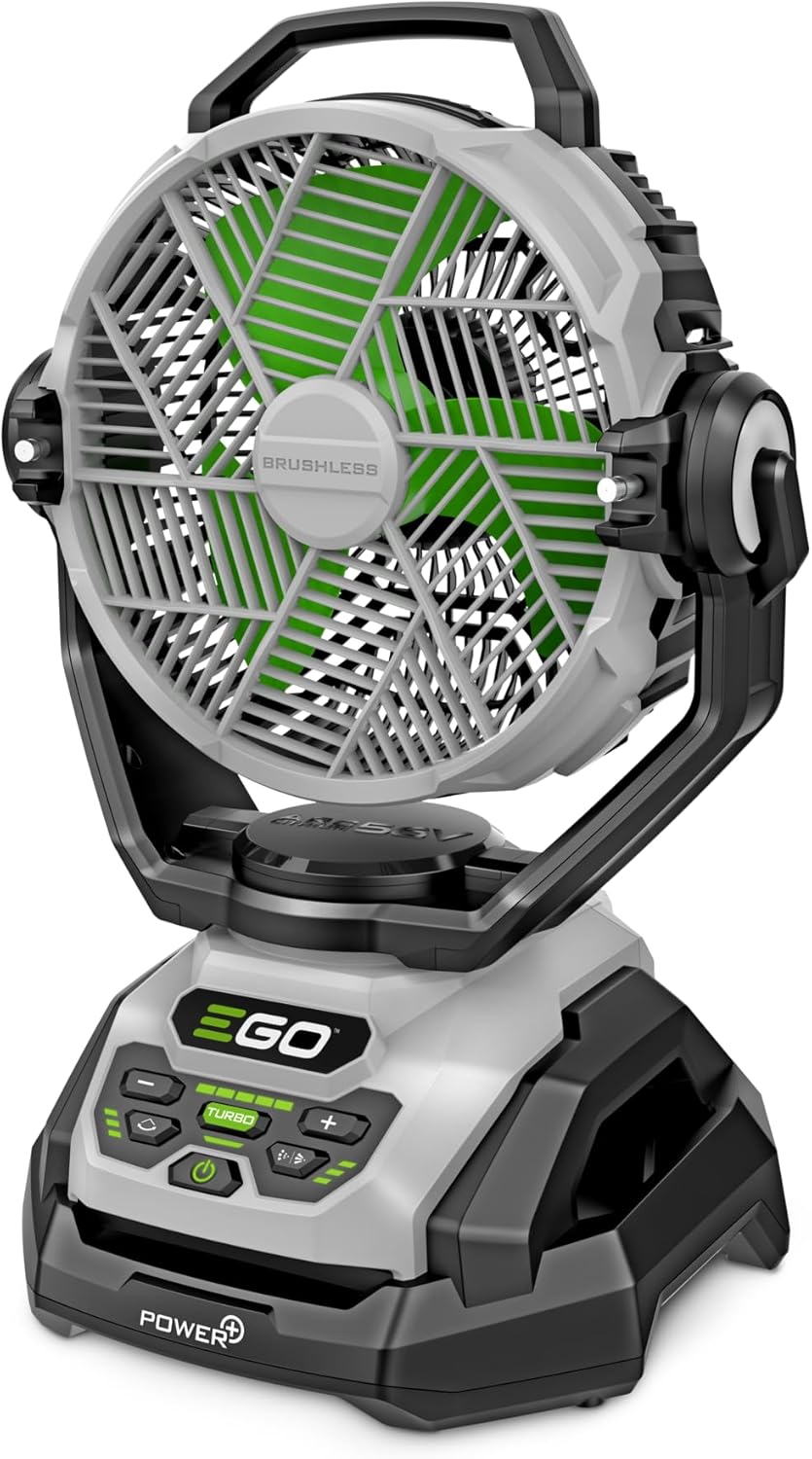 EGO Power+ FN1000 Oszillierender Ventilator mit 6 Geschwindigkeitsmodi, Nebelventilator, 60 Stunden, 5,0 Ah, 25,4 cm, 20 km/h