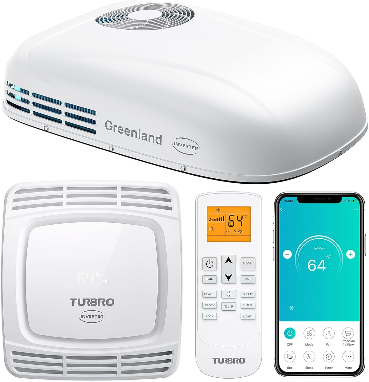 TURBRO Wechselrichter-Klimaanlage für Wohnmobile mit Wärmepumpe, Automatisch, Dachklimaanlage, 3.600 W, 7 °C, 43 °C, 25 cm, App, Blau