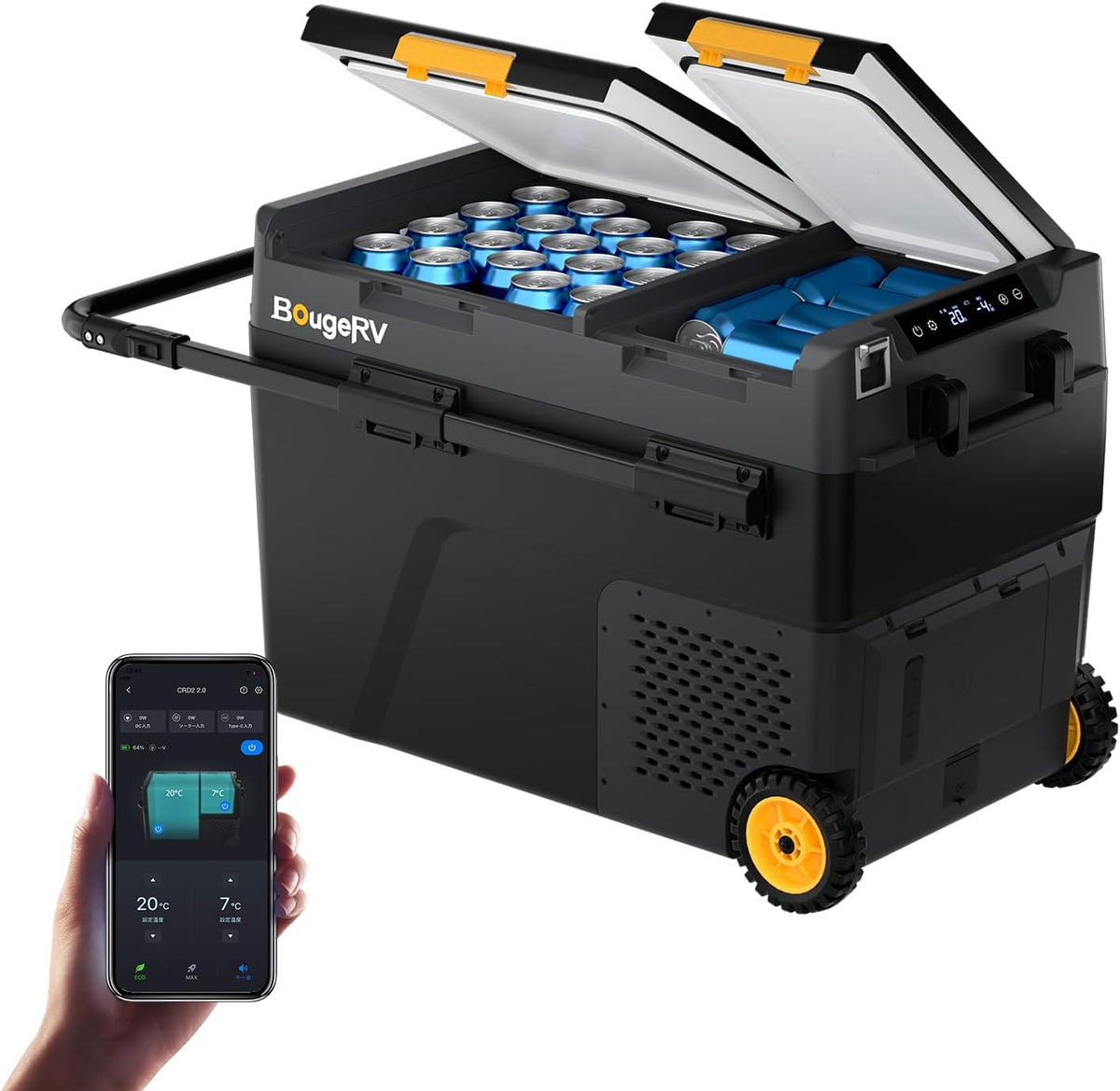 BougeRV CRD2 V2.0 Kompressor Kühlbox 49 l mit Gefrierfach Doppeltür Dualzonen Kühlbox, Automatisch, Autobatterie, Camping, 12 V, 230 V, 15 Minuten