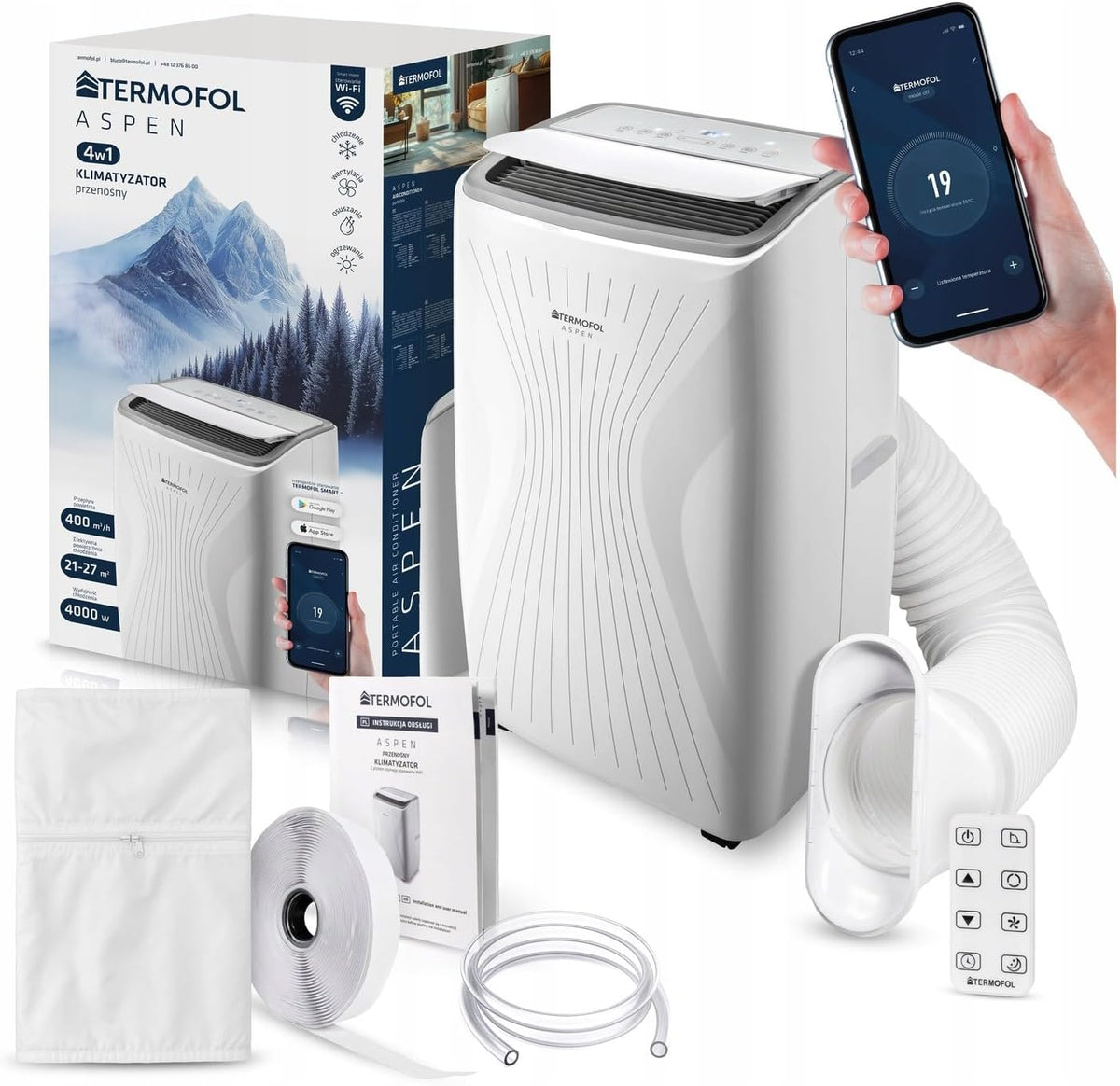 Termofol Mobile Klimaanlage ASPEN 4000 W, Luftentfeuchter, Ventilator, Schlafzimmer, WLAN, App