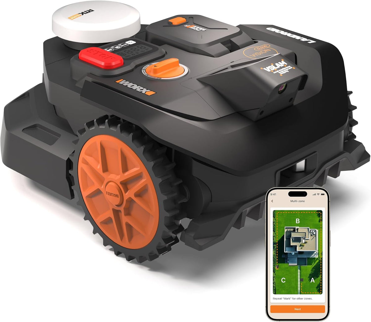 WORX Landroid Vision Cloud WR304E 2WD Mähroboter ohne Begrenzungskabel für 400 m2, Mono-Kamera, App-Steuerung