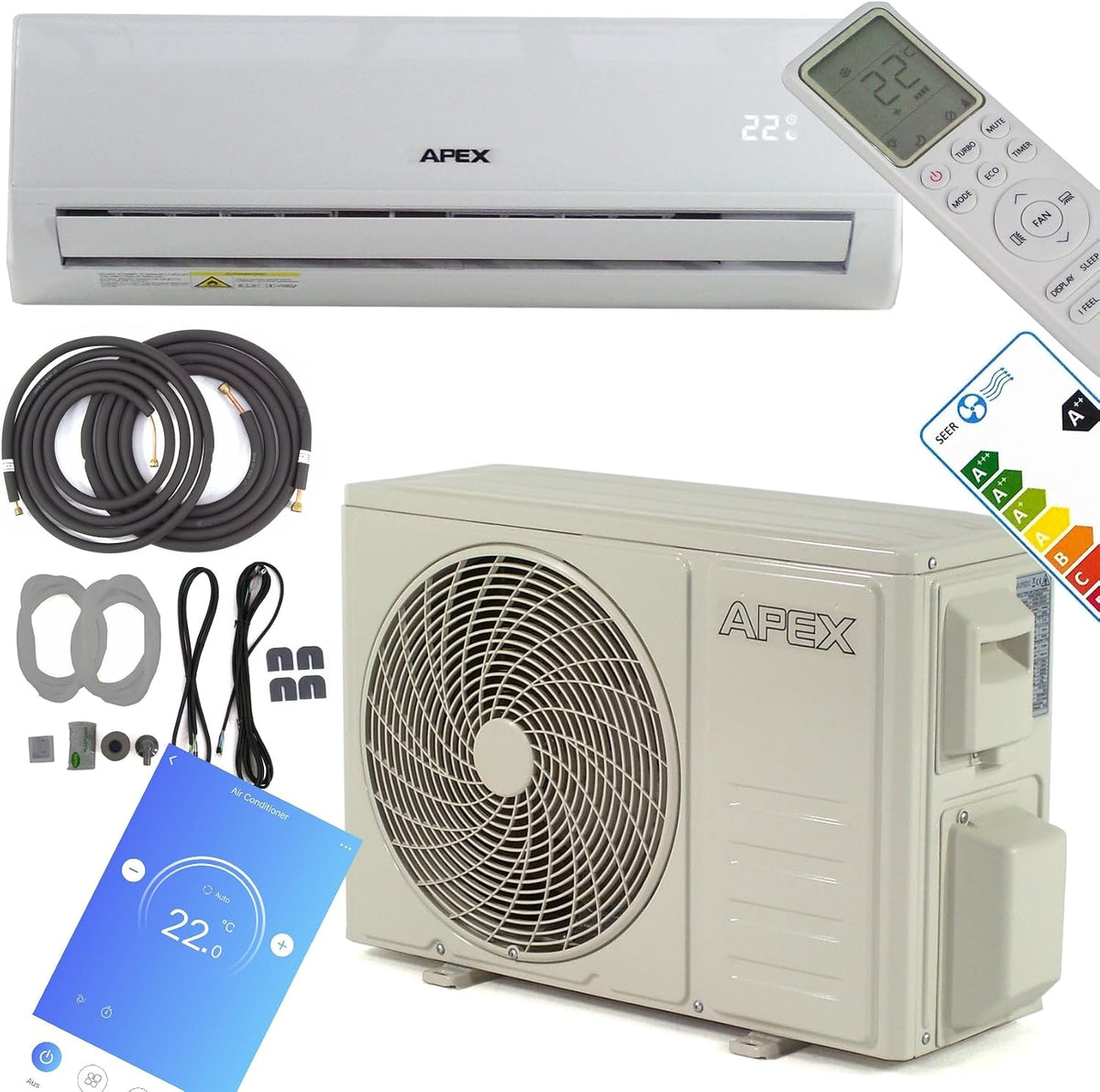 Apex 4-in-1 Split-Klimaanlage 56189, 000 BTU/3, 4 kW, 5-m-Leitungsset, 22–50 dB, 12000 BTU, 12.000 BTU, Heizen und Kühlen, Fernbedienung, App