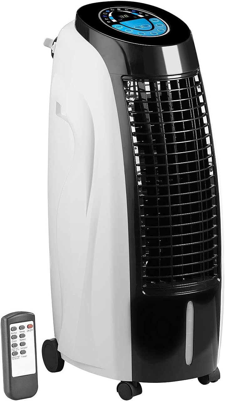 Sichler Haushaltsgeräte Verdunstungskühler: 3in1-Luftkühler, Ventilator, Bett, Terrasse, 24 Stunden, 60,4 dB, 10,2 m, 800 ml, 36,4 cm, 8,6 kg, LED