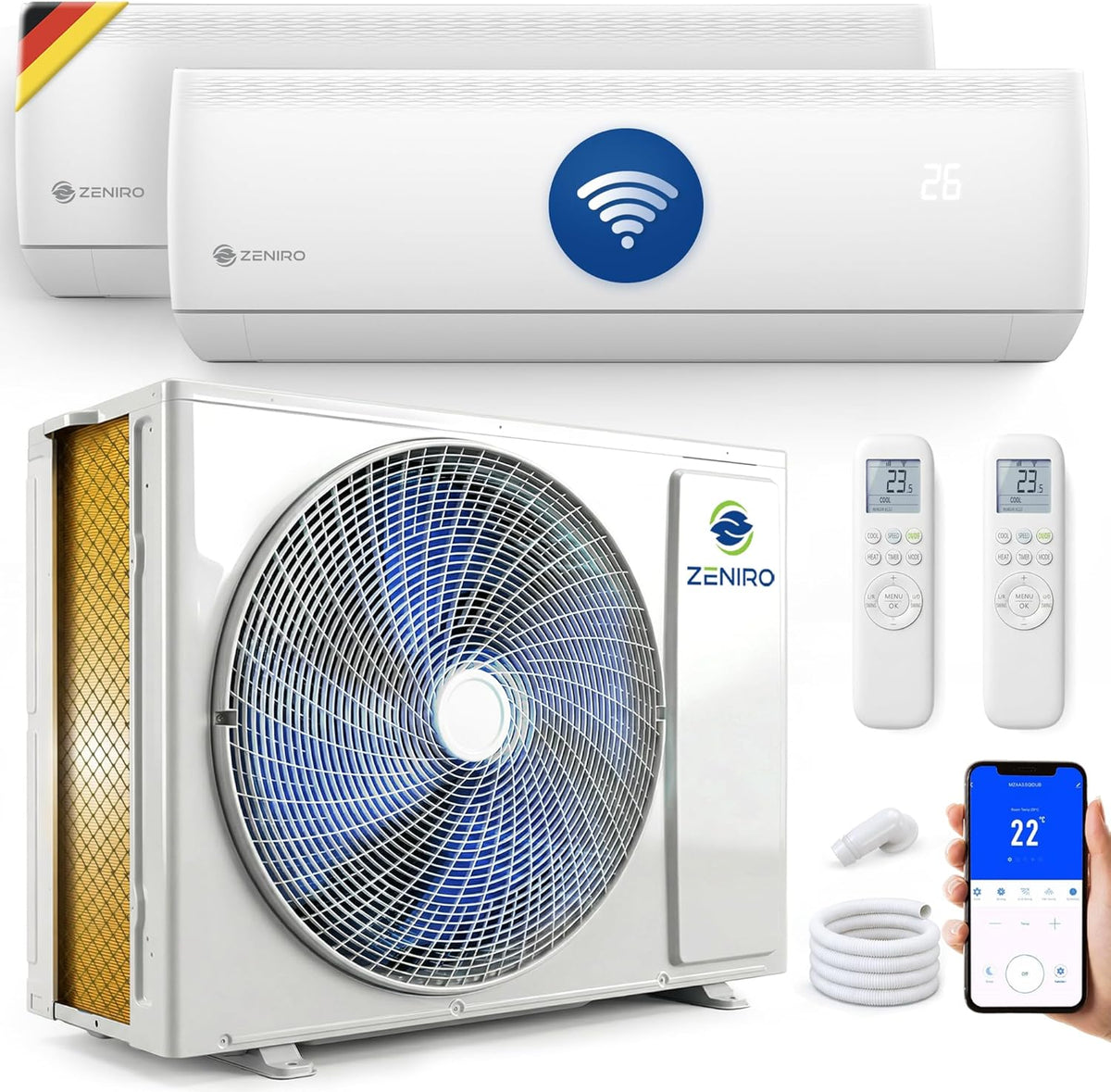 Zeniro 4D -20°C Split-Klimaanlage, 2, 6 kW, 3, 5 kW, 27000 BTU, 7, 9 kW, App-/WLAN-Steuerung, Weiß