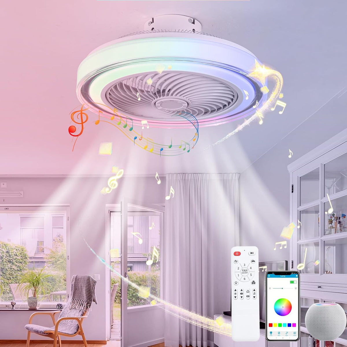Luyaim LED RGB Modern Lüfter Lampe Deckenventilator mit Beleuchtung, Fernbedienung, App-Steuerung, App-/WLAN-Steuerung, dimmbares Licht