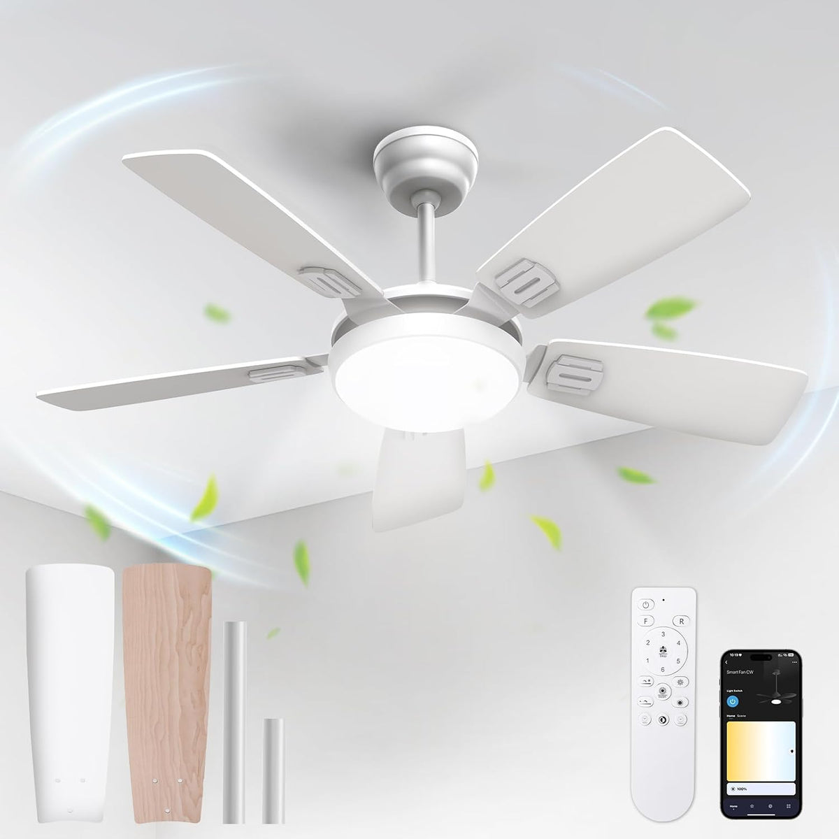 BLITZWILL Deckenventilator mit Beleuchtung, 6 Geschwindigkeiten, 3 Farben Dimmbar, 106 cm, Fernbedienung, App-/WLAN-Steuerung, Timer, Weiß/Holz