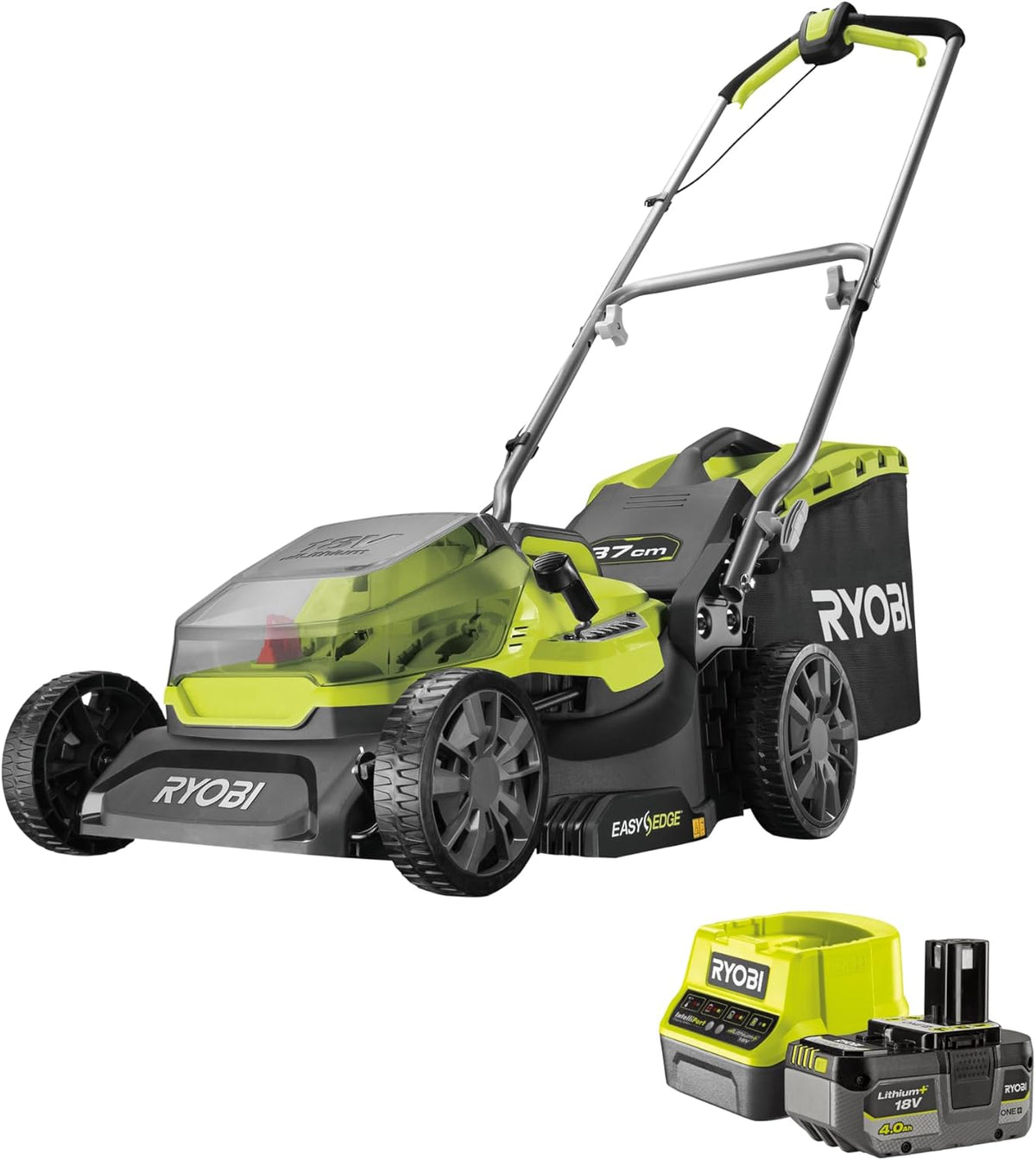 RYOBI ONE+ RY18LM37A-140 18-V-Akku-Rasenmäher für mittlere Gärten, 37 cm, 25–70 mm, 45-l-Fangkorb, Mulchfunktion, 4,0-Ah-Akku und Ladegerät