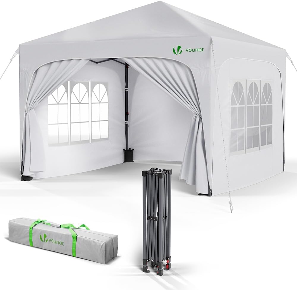 VOUNOT Pop-up-Faltpavillon für Garten, Terrasse und Events, Gartenzelt mit 4 Fenster-Seitenwänden, Reißverschlusstür, Sandsäcken, Tragetasche, Weiß