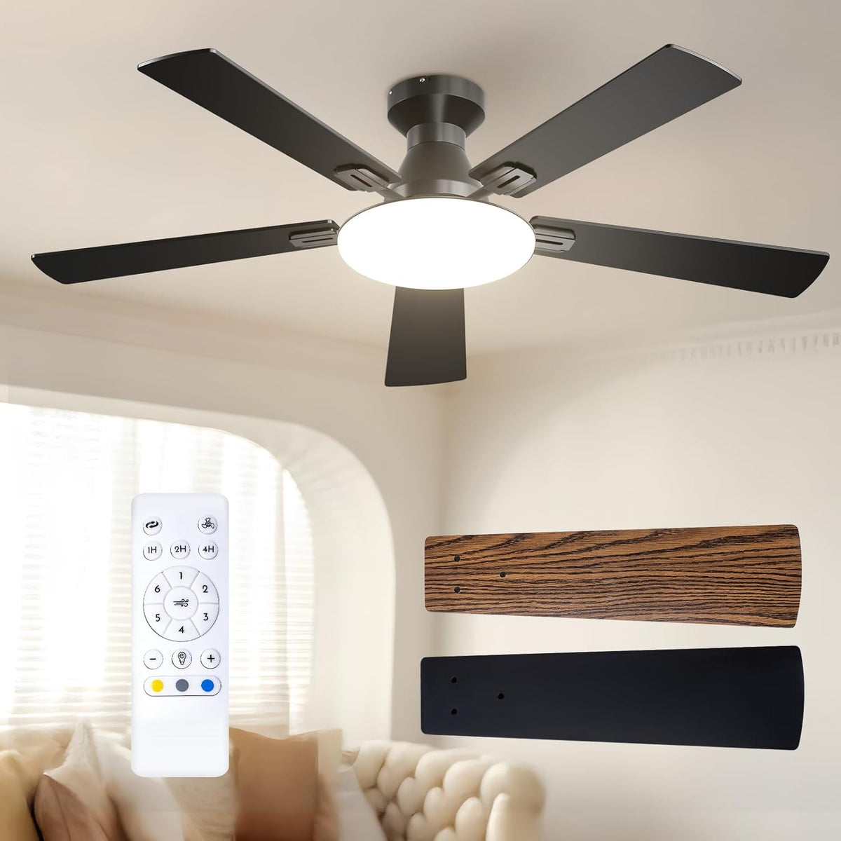 Passky 132 cm Deckenventilator mit Beleuchtung und Fernbedienung, Schlafzimmer, 107 cm