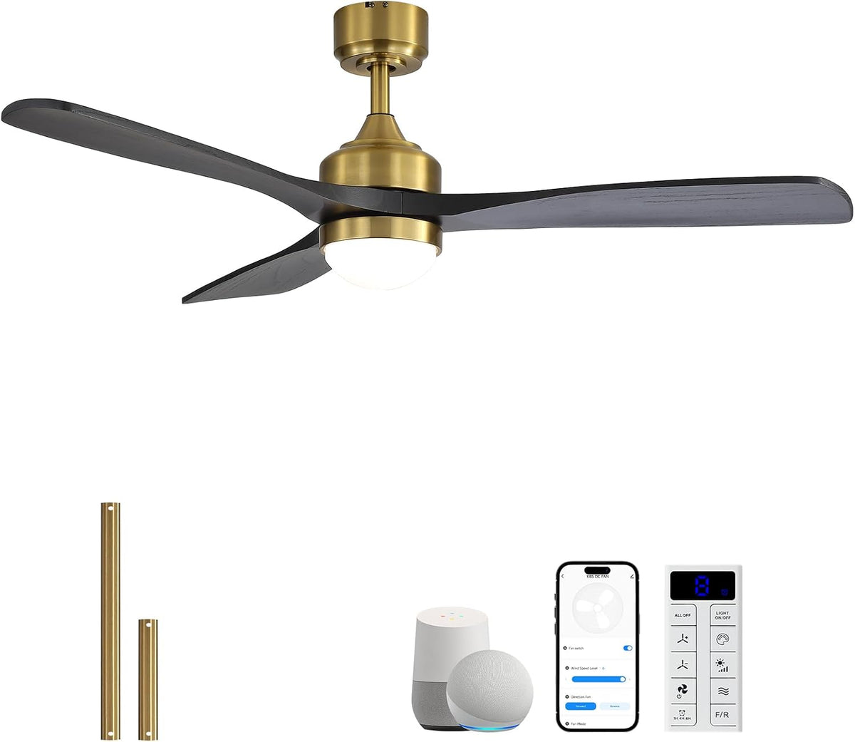 Sofucor Smart Deckenventilator mit Beleuchtung, Schlafzimmer, 132 cm, 3,5 m, 6,5 m, Massivholz, Schwarz
