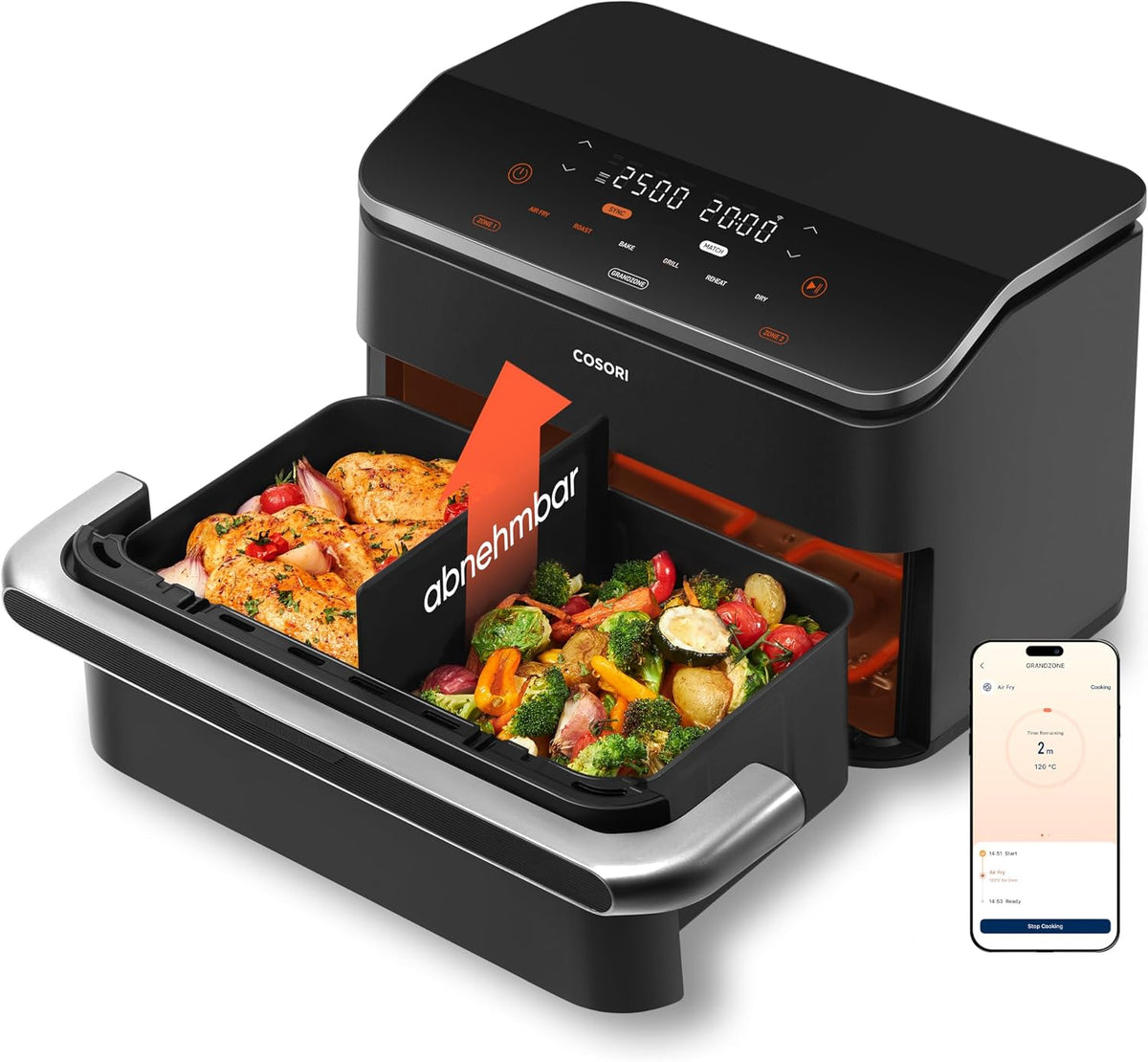 COSORI Heißluftfritteuse 2 Kammern, Grill, 240 °C, 10 l, 5 l, Kunststoff