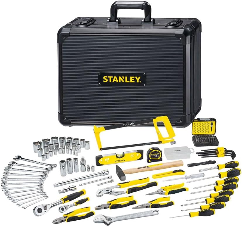 STANLEY 142-teiliges Werkzeug-Set, Bügelsäge, Taschenlampe, 250 mm, 5 m, 160 mm, 182 mm, Aluminium