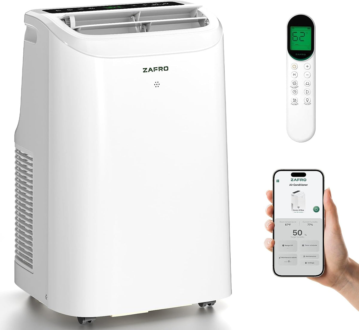 ZAFRO - Tragbare Klimaanlage, Automatisch, Ventilator, Schlafzimmer, 16-30 °C, 47 dB, 60 cm, App, LED-Anzeige