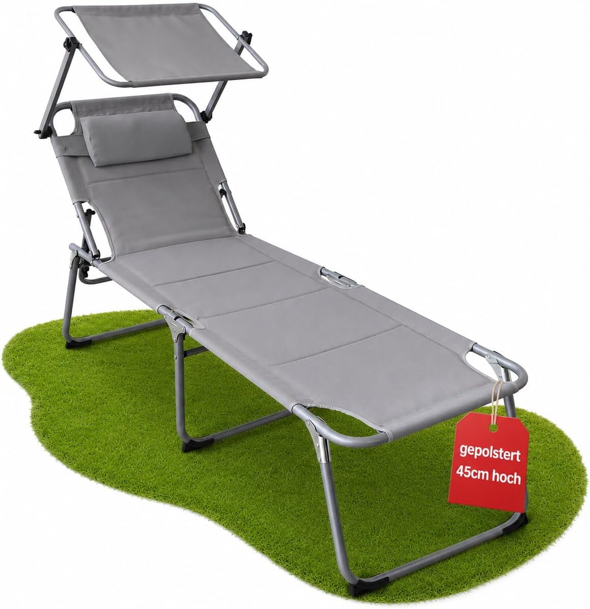 Liege Gepolsterte klappbare Sonnen mit Sonnendach und Kopfkissen BigDean, 193 × 59 × 45 cm, 4 Positionen, bis 150 kg, klappbar gepolstert