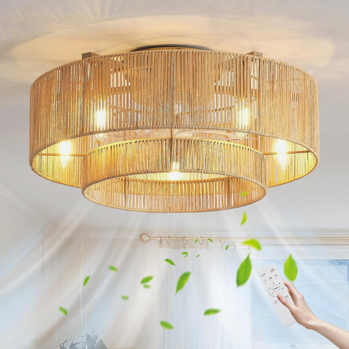 KZT Rattan Deckenventilator, Automatisch, Deckenleuchte, 4 Stunden, 30 cm, 26 cm, 60 W, 220-240 V